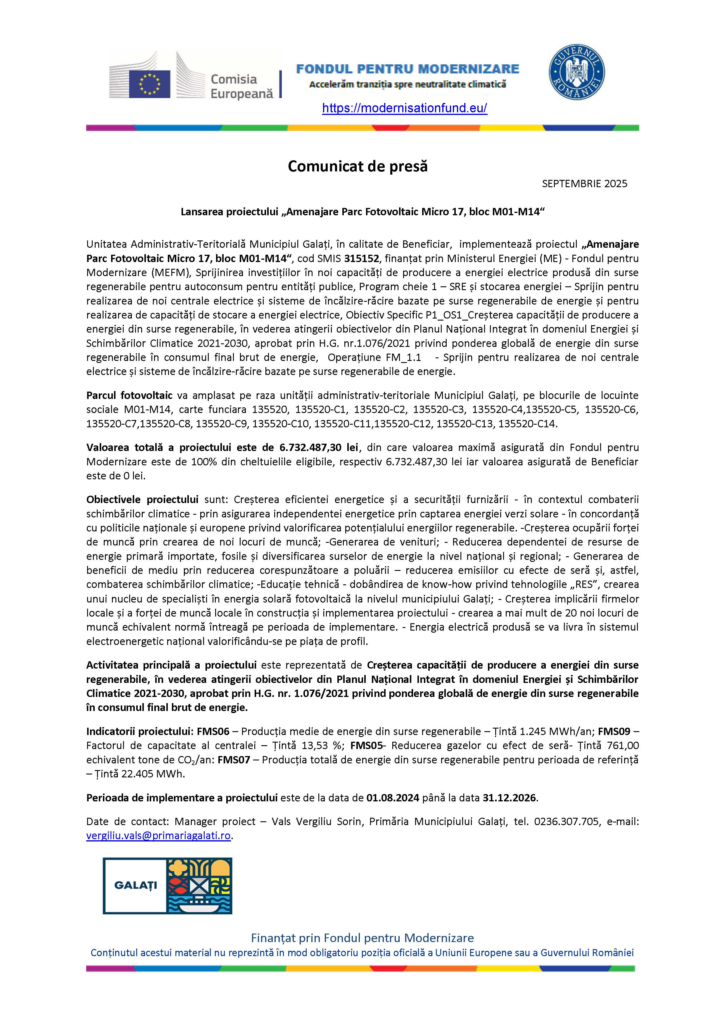 Comunicat de presă Lansarea proiectului „Amenajare Parc Fotovoltaic Micro 17, bloc M01-M14“ 16 SEPTEMBRIE 2025