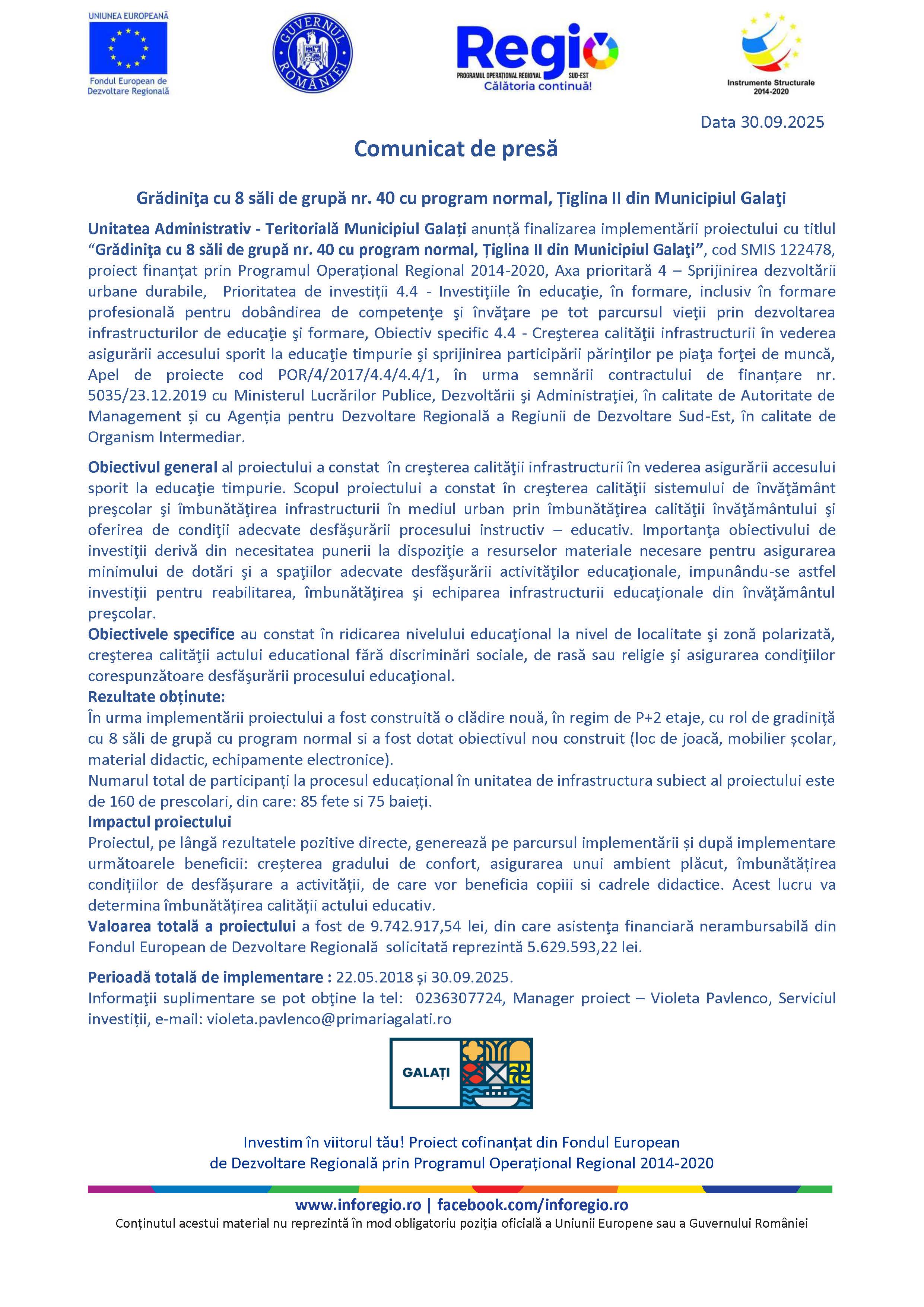 Comunicat de presă Grădiniţa cu 8 săli de grupă nr. 40 cu program normal, Țiglina II din Municipiul Galaţi Data 02.10.2025