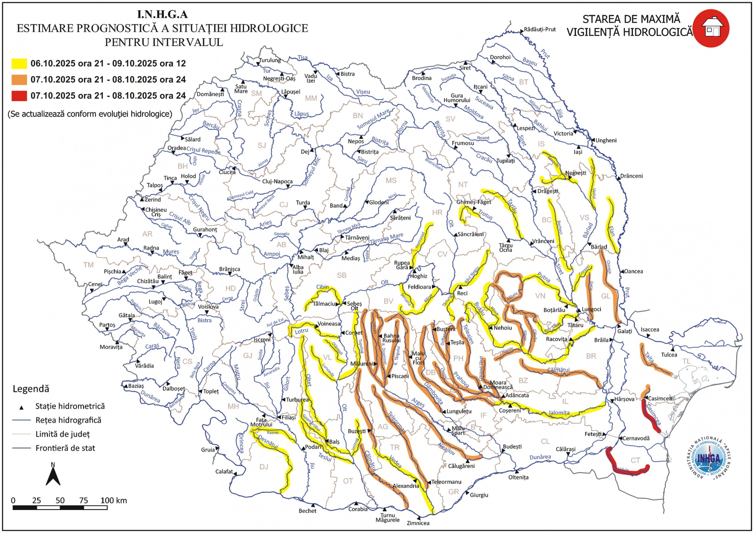 Cod galben şi portocaliu de viituri pe râuri din judeţul Galaţi