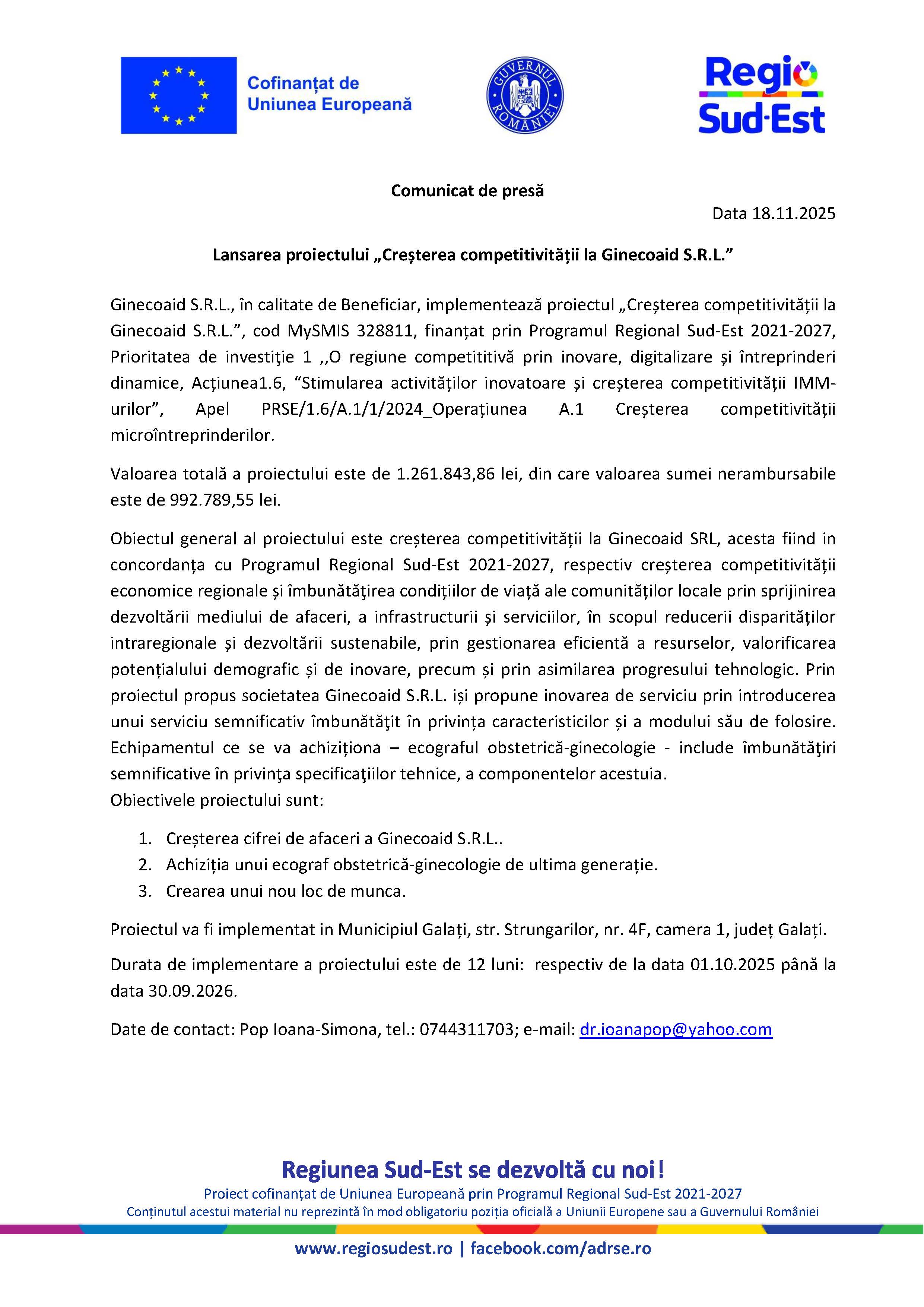 Comunicat de presă Lansarea proiectului „Creșterea competitivității la Ginecoaid S.R.L.” Data 18.11.2025