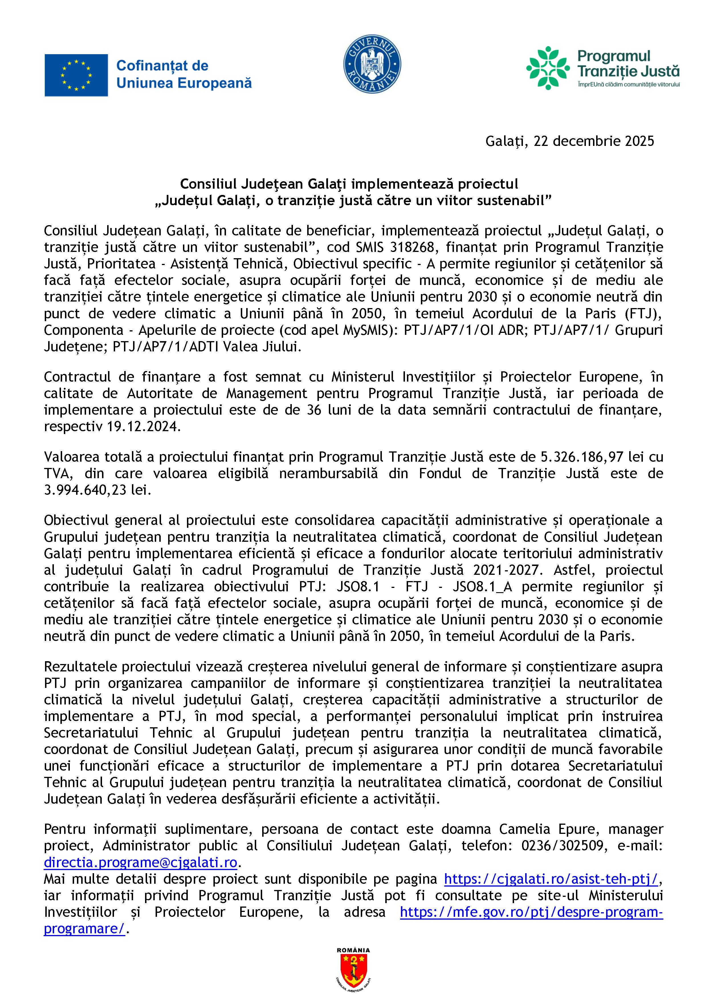 Comunicat de presă Galaţi, 22 decembrie 2025