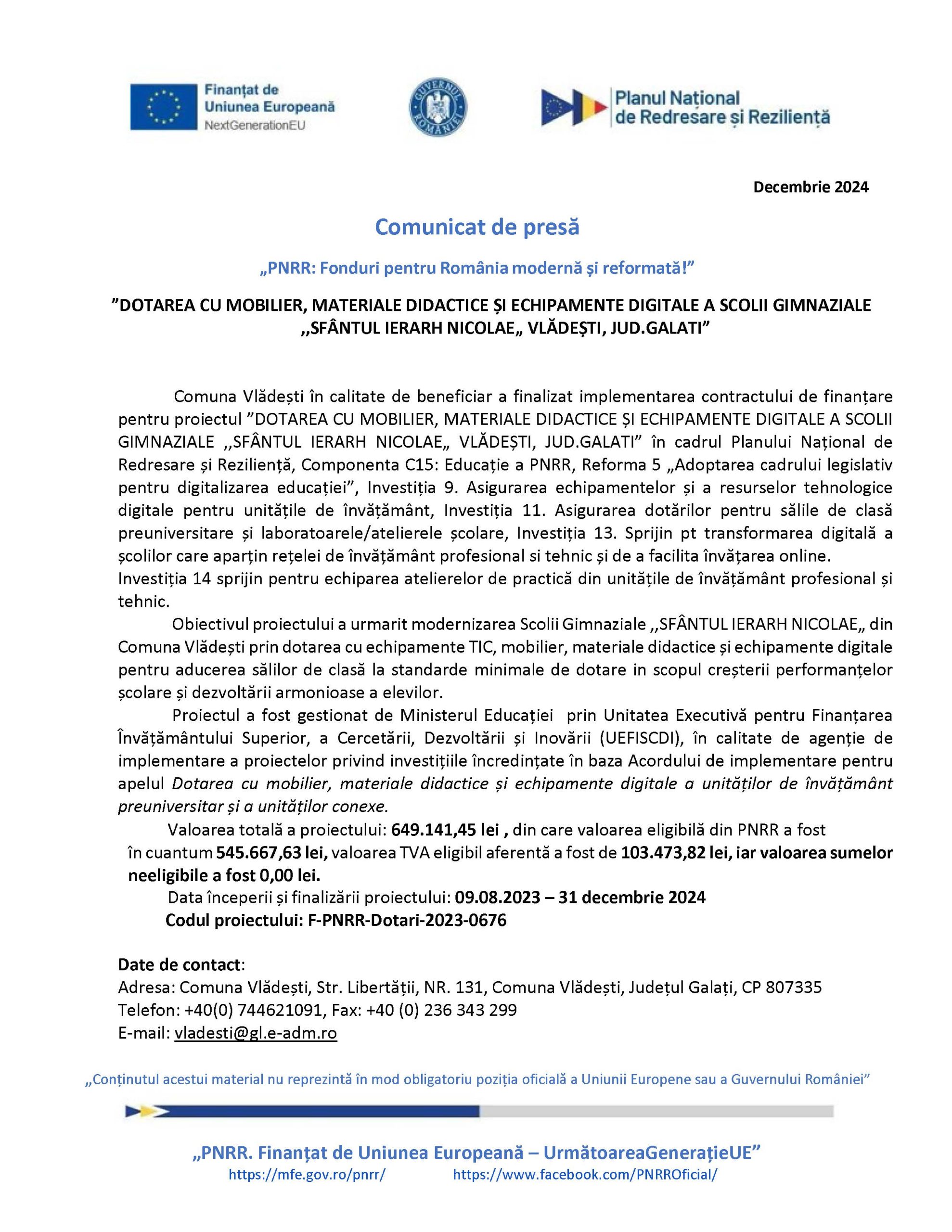 Comunicat de presă Decembrie 2024