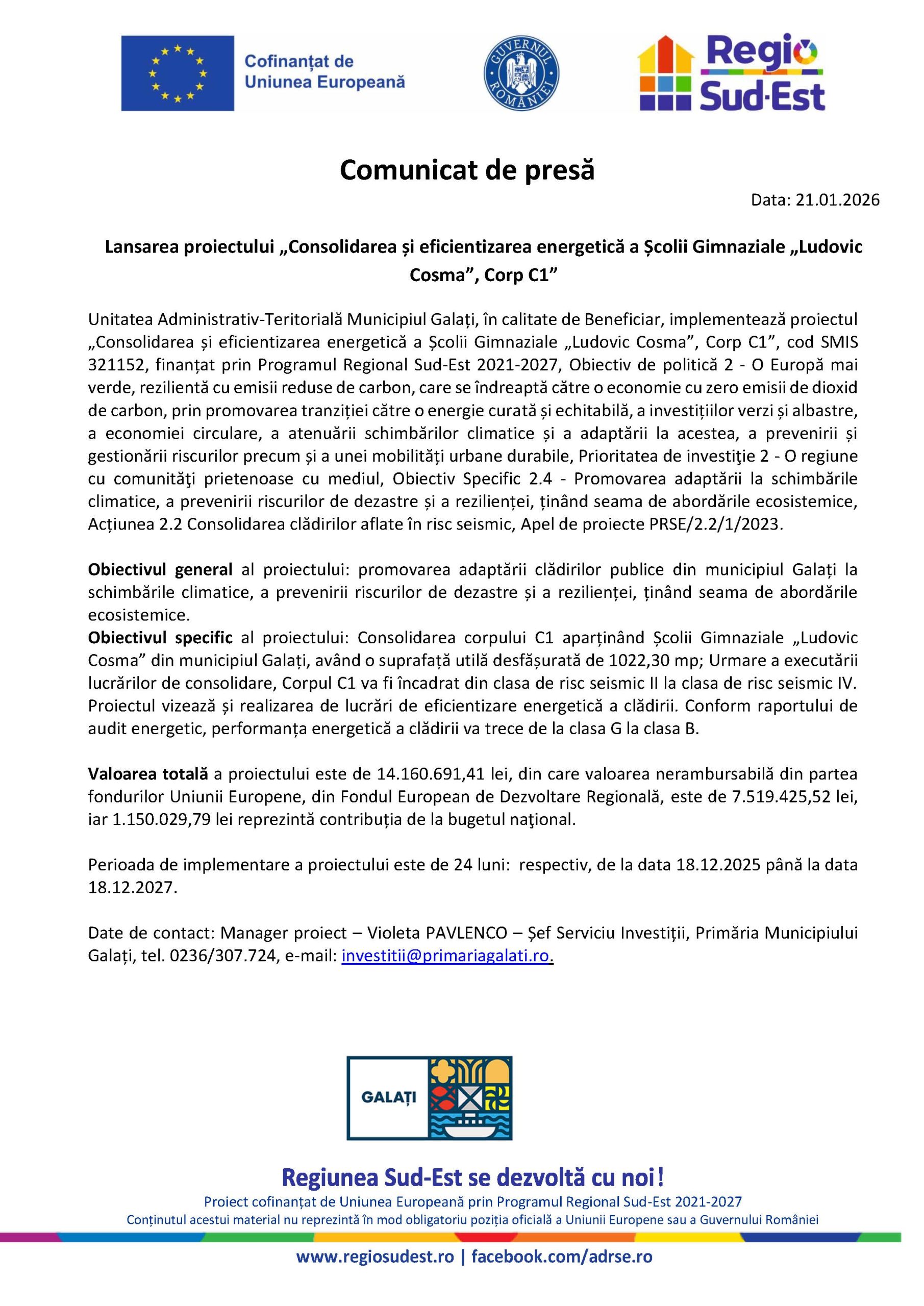 Lansarea proiectului „Consolidarea și eficientizarea energetică a Școlii Gimnaziale „LudovicCosma”, Corp C1” 21.01.2026