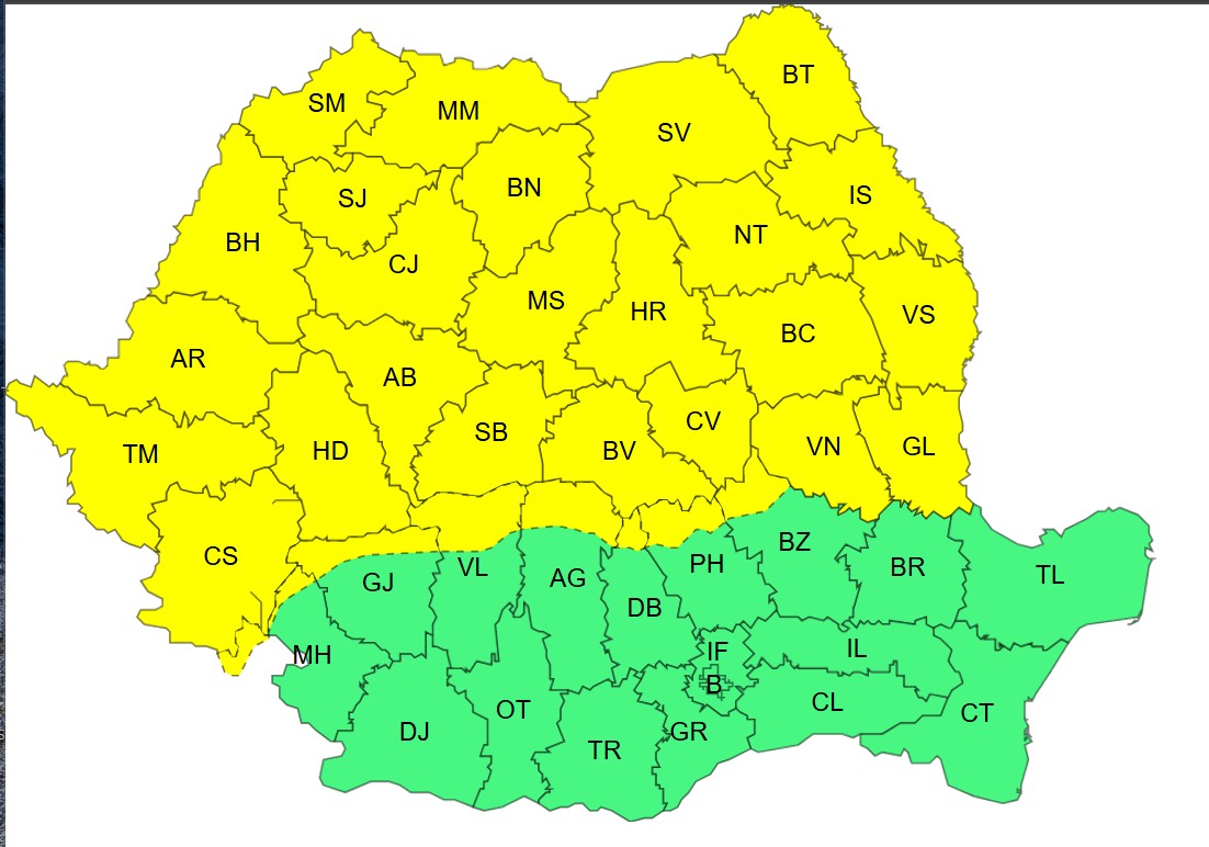 Trei zile cu CODURI GALBENE de polei, ninsori şi vânt puternic