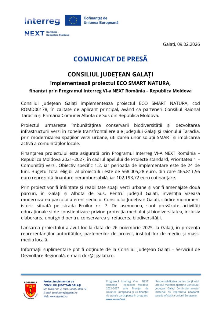 CONSILIUL JUDEŢEAN GALAŢI implementează proiectul ECO SMART NATURA, finanţat prin Programul Interreg VI-a NEXT România – Republica Moldova