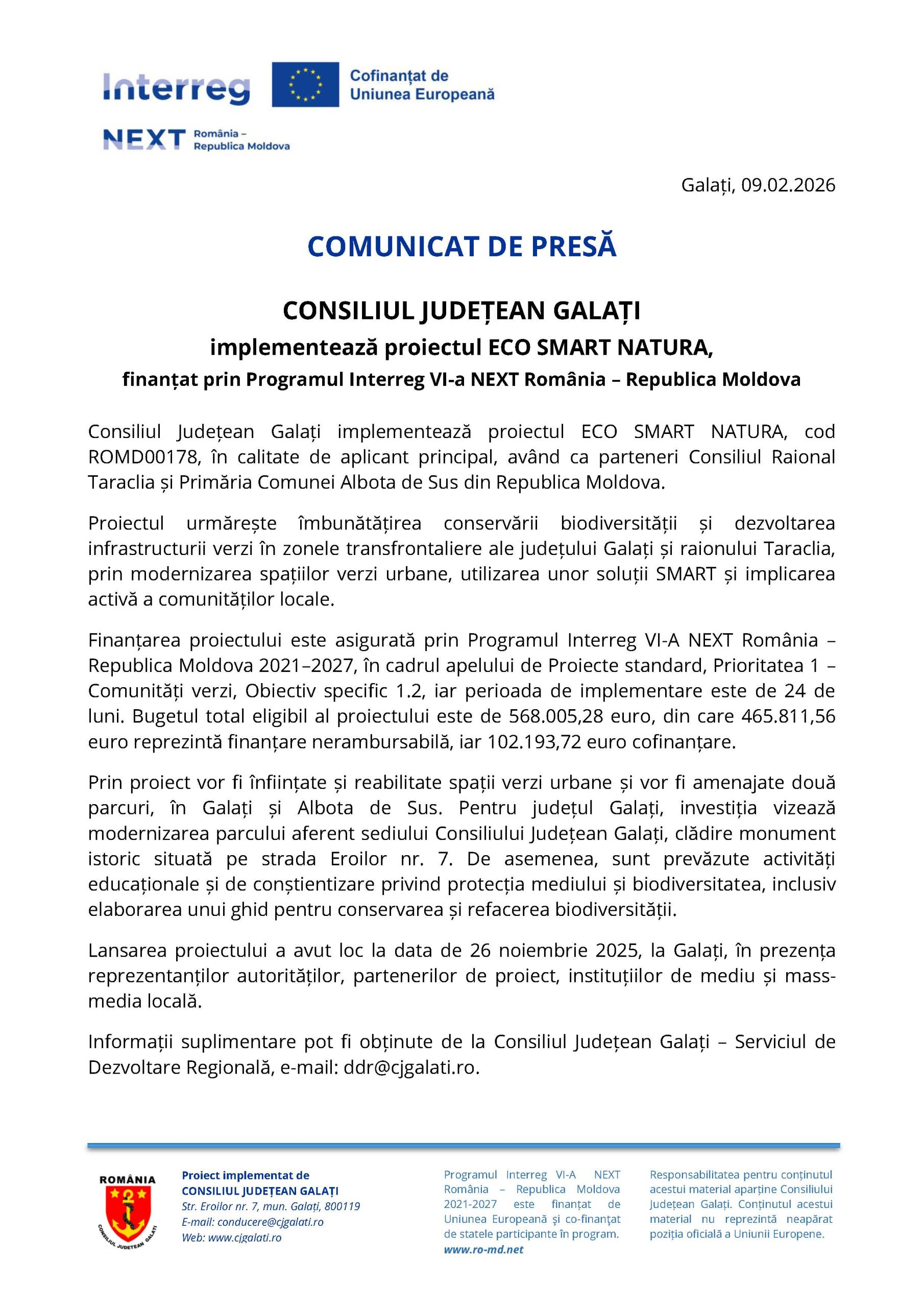 CONSILIUL JUDEŢEAN GALAŢI implementează proiectul ECO SMART NATURA, finanţat prin Programul Interreg VI-a NEXT România – Republica Moldova