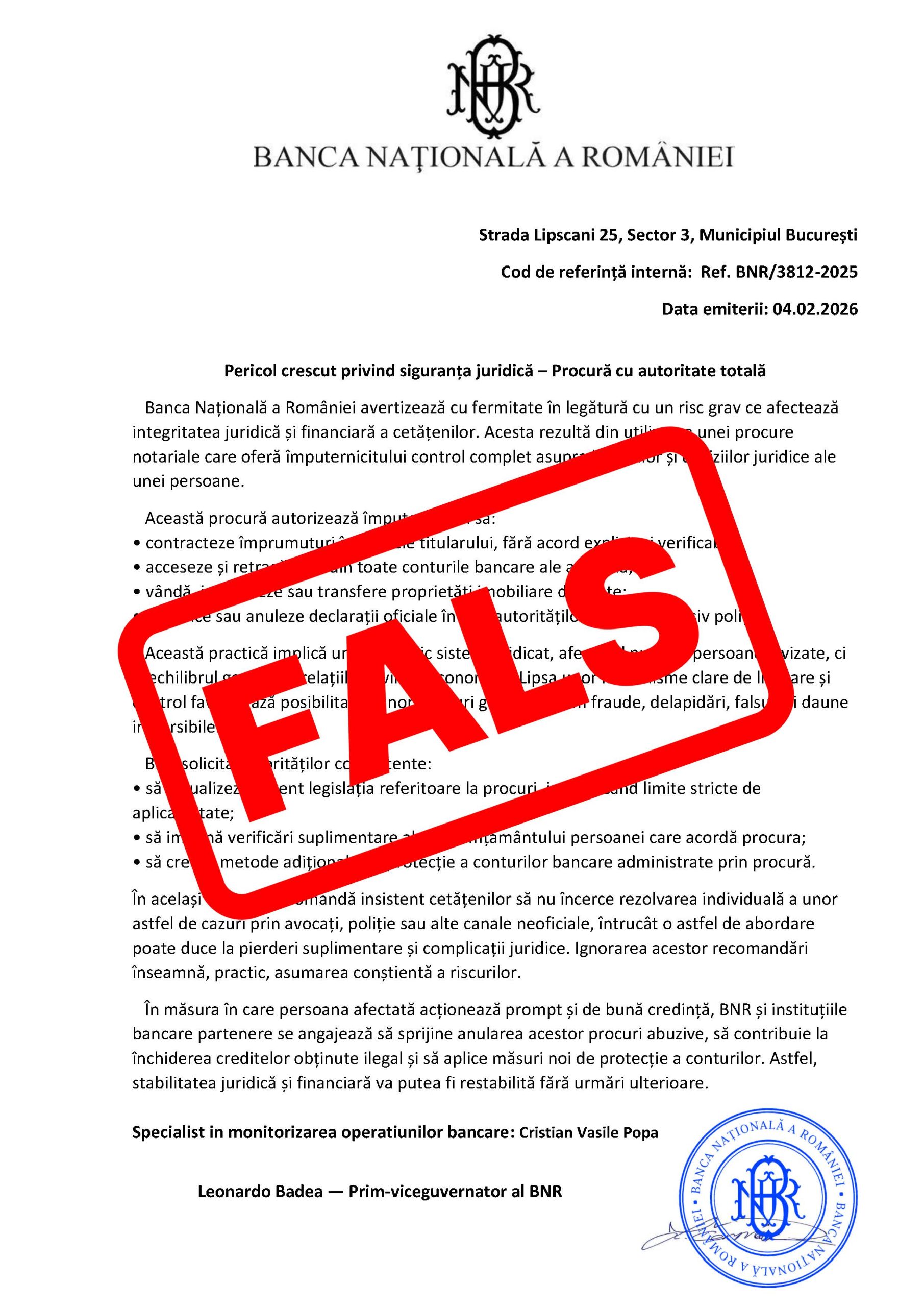 Document fals atribuit Băncii Naţionale a României