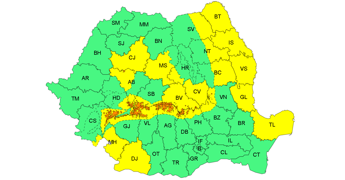 Iar s-a colorat harta! Judeţul Galaţi intră sub avertizare meteo COD GALBEN. Ninsoare, în noaptea de miercuri spre joi