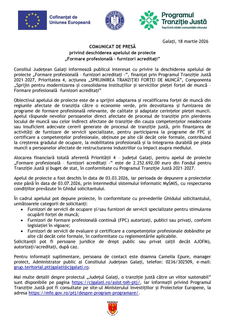 COMUNICAT DE PRESĂ privind deschiderea apelului de proiecte „Formare profesională – furnizori acreditaţi”