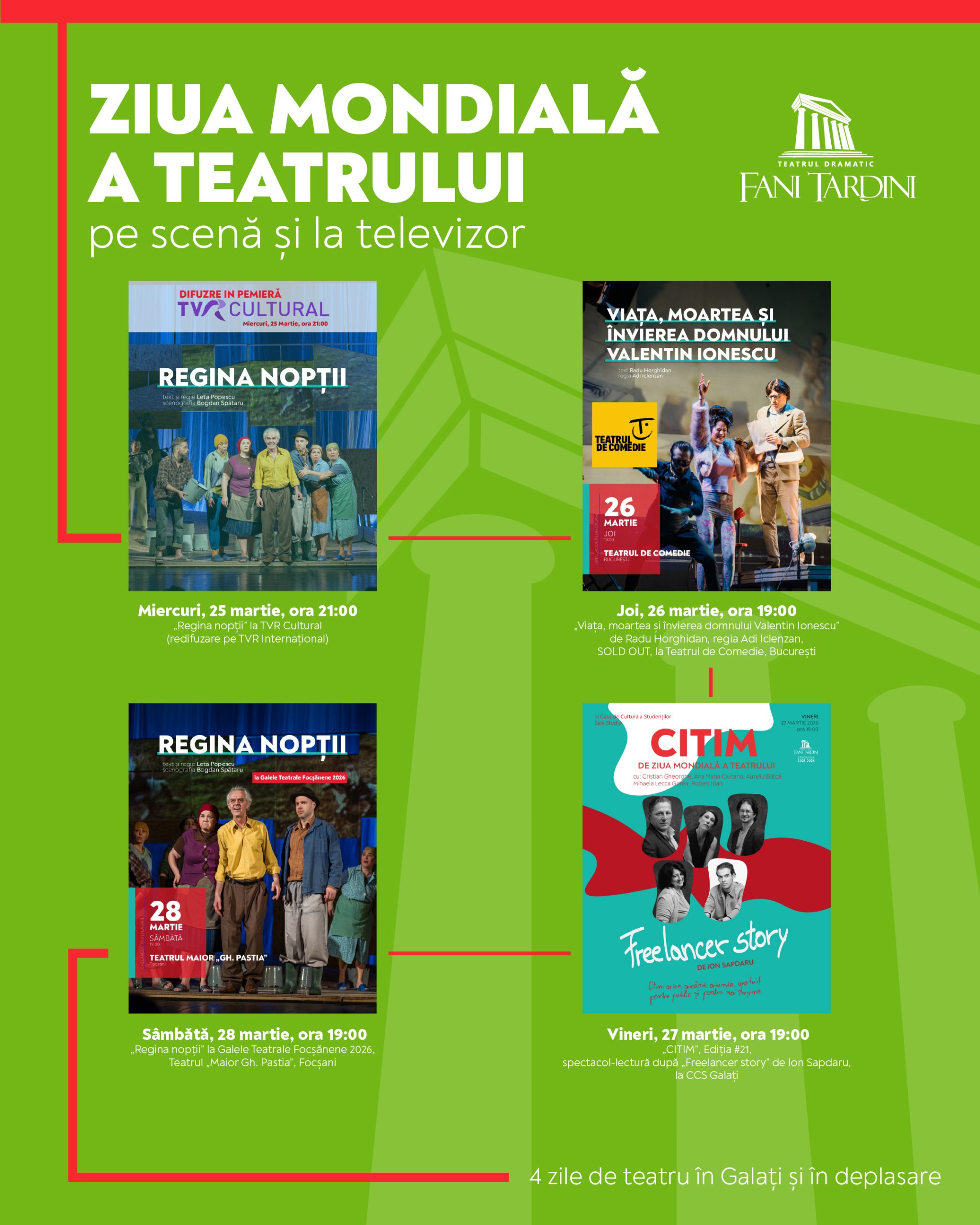 Teatrul Dramatic Galaţi marchează Ziua Mondială a Teatrului prin patru zile de evenimente