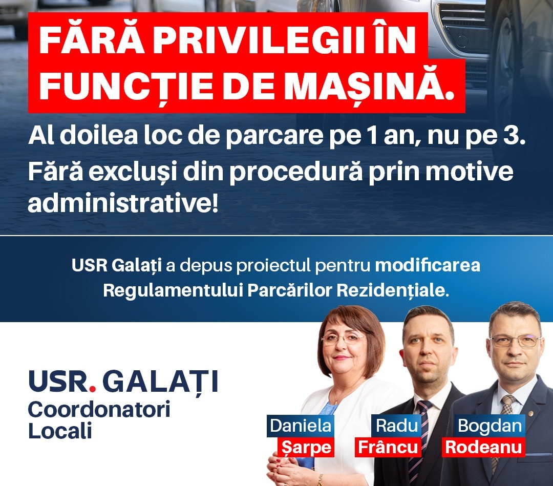 USR Galaţi vrea să schimbe regulamentul parcărilor: fără privilegii şi reguli noi pentru al doilea loc
