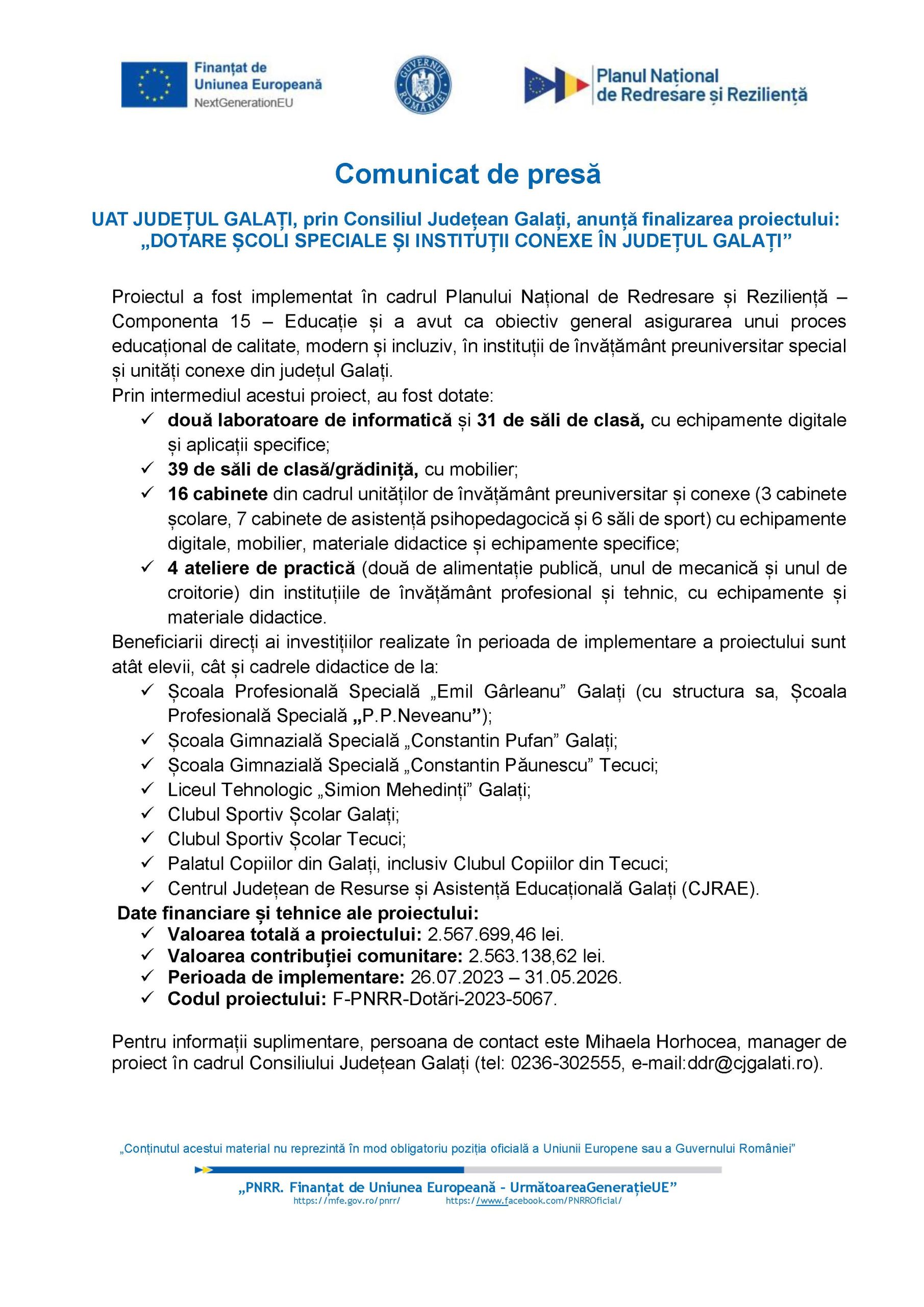 Comunicat de presă UAT JUDEȚUL GALAȚI, prin Consiliul Județean Galați, anunță finalizarea proiectului: „DOTARE ȘCOLI SPECIALE ȘI INSTITUȚII CONEXE ÎN JUDEȚUL GALAȚI”