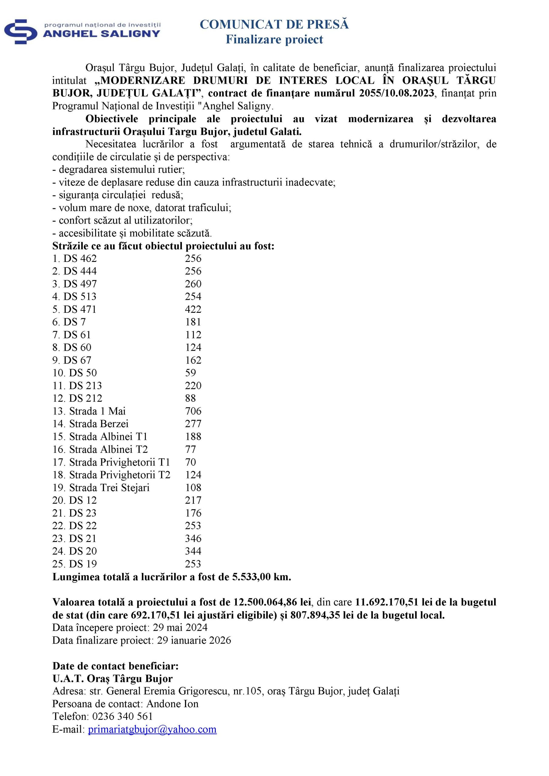 COMUNICAT DE PRESĂ Finalizare proiect 29.07.2026