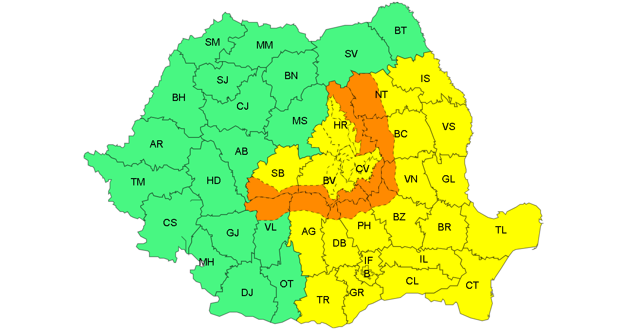Galaţi: Avertizare meteo COD GALBEN de ploi, vijelii şi grindină