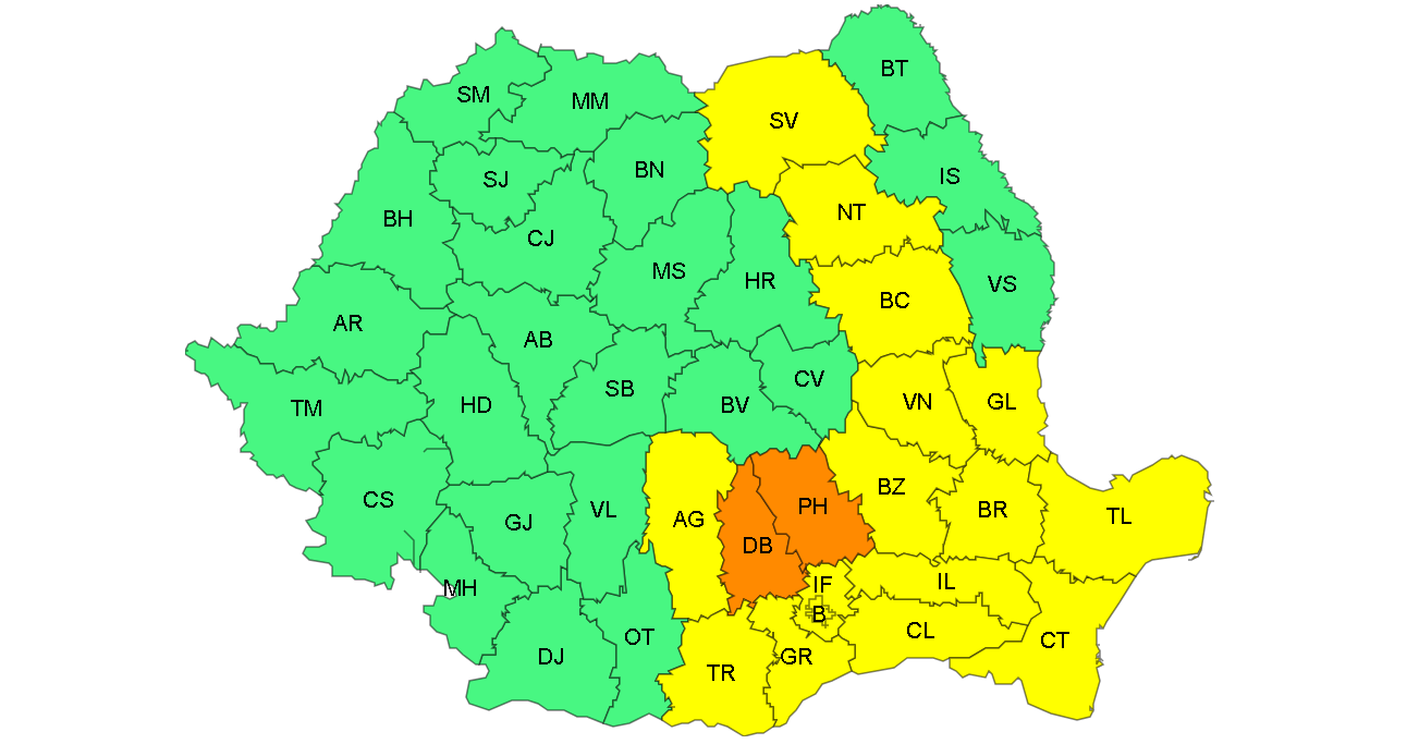 Avertizare meteo: Averse torenţiale, descărcări electrice şi intensificări ale vântului la Galaţi
