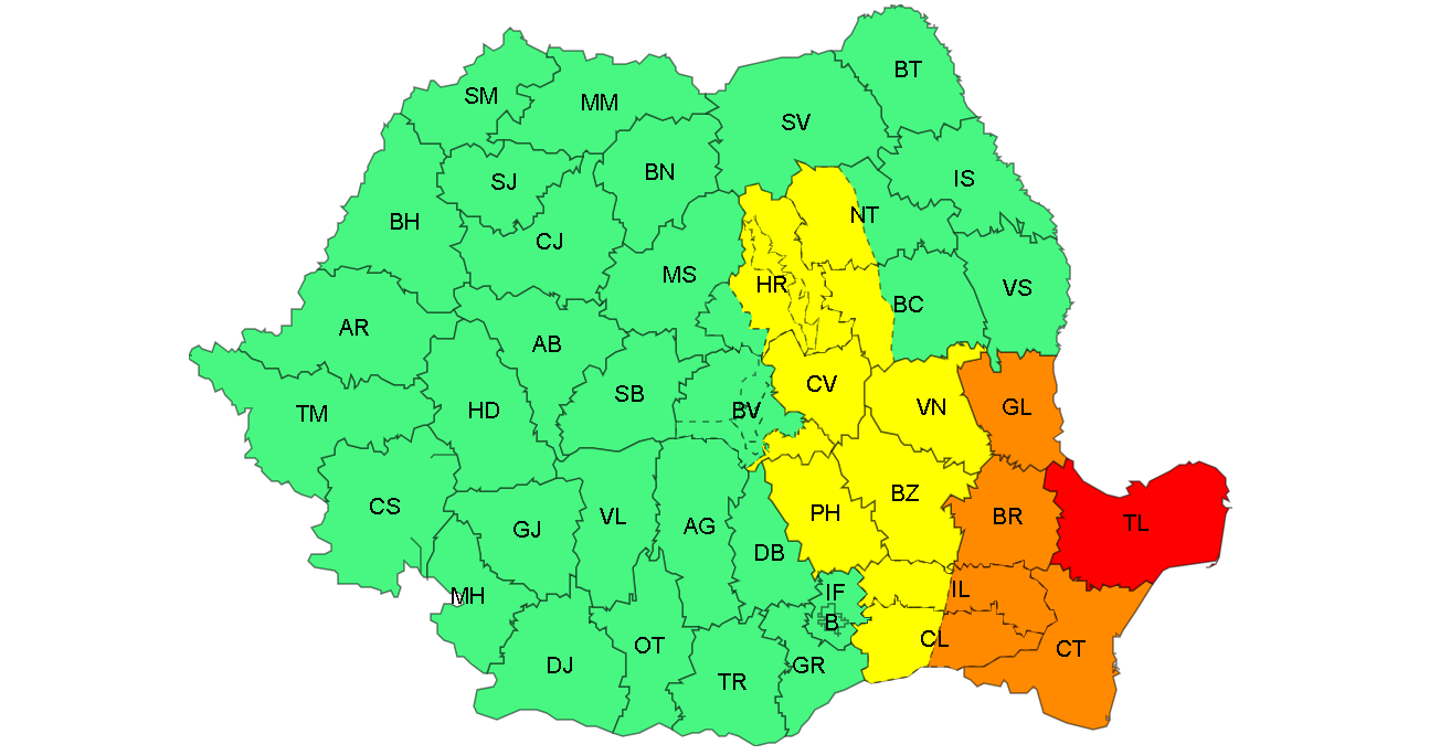Alertă meteo de vreme severă: Cod portocaliu de vijelii și ploi torențiale în Galați și Cod roșu în Tulcea
