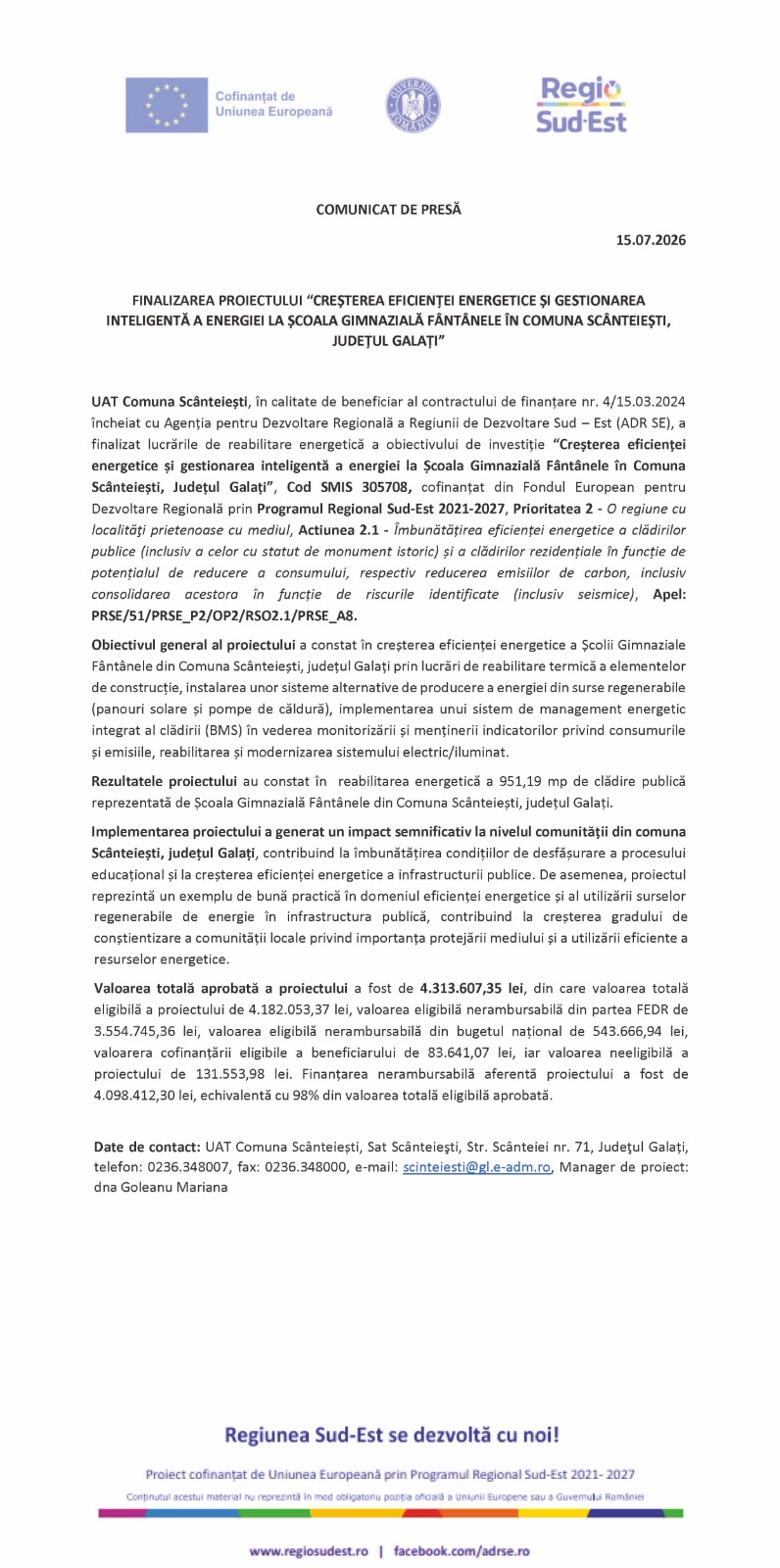 COMUNICAT DE PRESĂ 15.07.2026