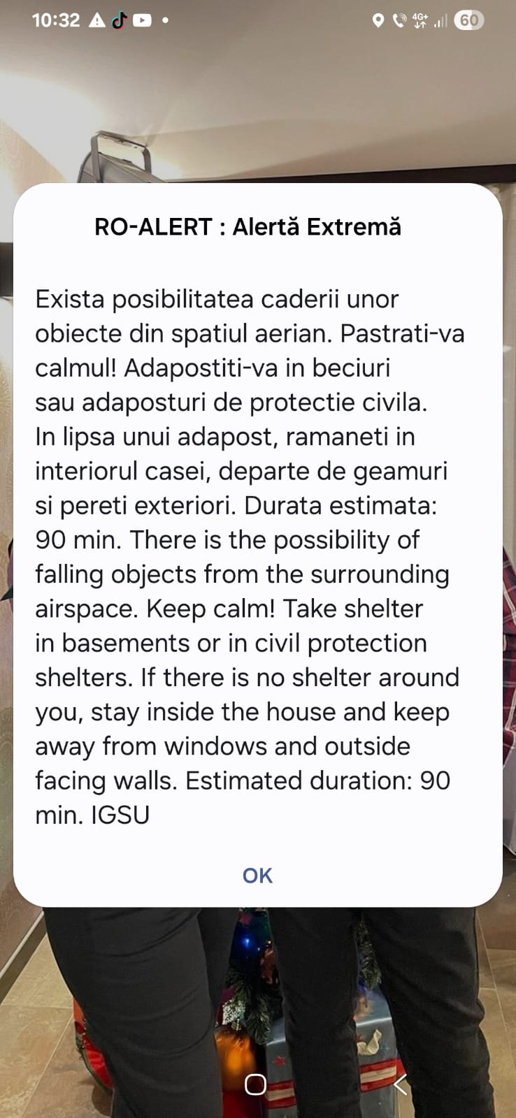Brăila: Mesaj RO-Alert emis populației privind riscul căderii unor obiecte din spațiul aerian