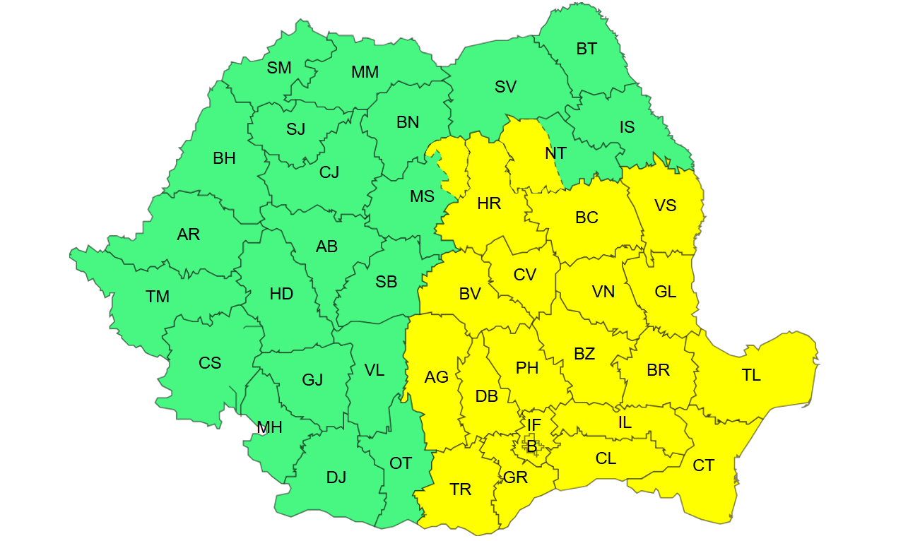 Atenţionări meteo COD GALBEN pentru judeţul Galaţi: Averse torenţiale, descărcări electrice şi intensificări ale vântului