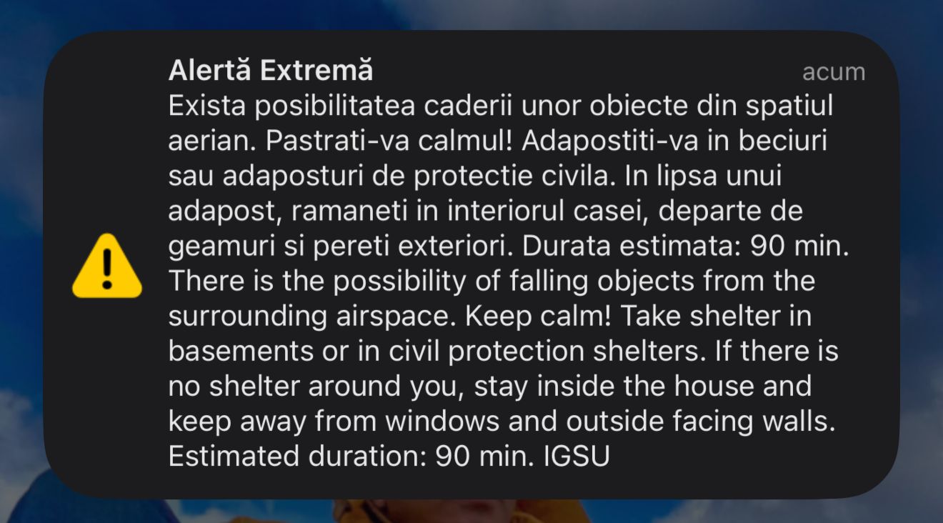 Al treilea RO-Alert în nordul judeţului Tulcea, în aceeaşi zi. Populaţia, avertizată din nou asupra unor posibile căderi de obiecte din spaţiul aerian