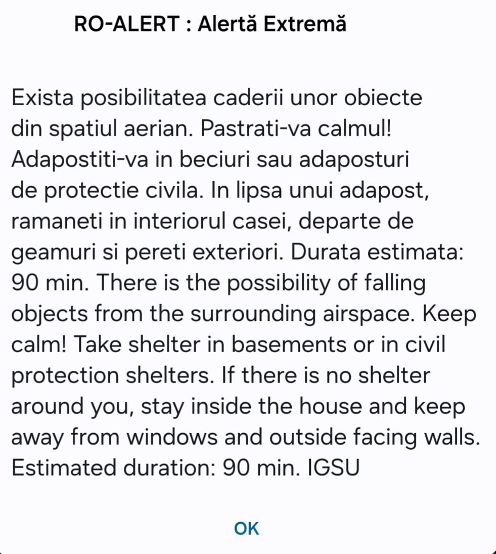 Alertă RO-Alert extinsă în Galați și Tulcea: O dronă s-a prăbușit și a explodat lângă Luncavița, după ce a evitat radarele MApN