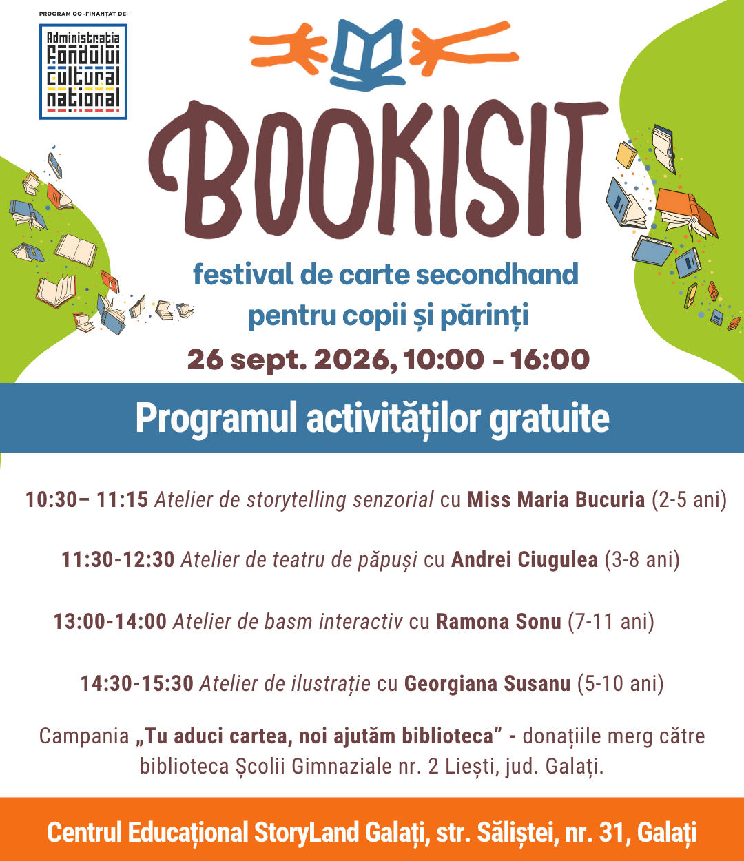 Festivalul „Bookisit” vine pentru prima dată la Galați. Târg de carte second-hand unde copiii sunt librari, ateliere gratuite și donații pentru școala din Liești