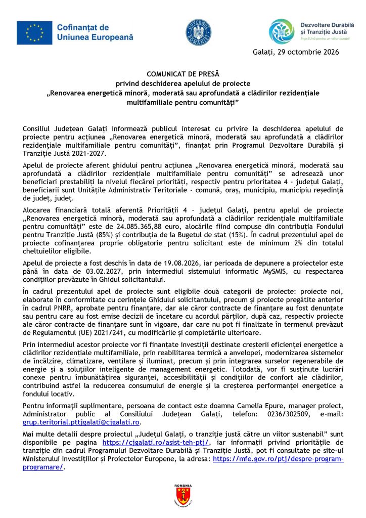 COMUNICAT DE PRESĂ privind deschiderea apelului de proiecte „Renovarea energetică minoră, moderată sau aprofundată a clădirilor rezidenţiale multifamiliale pentru comunităţi” – Galaţi, 29 octombrie 2026