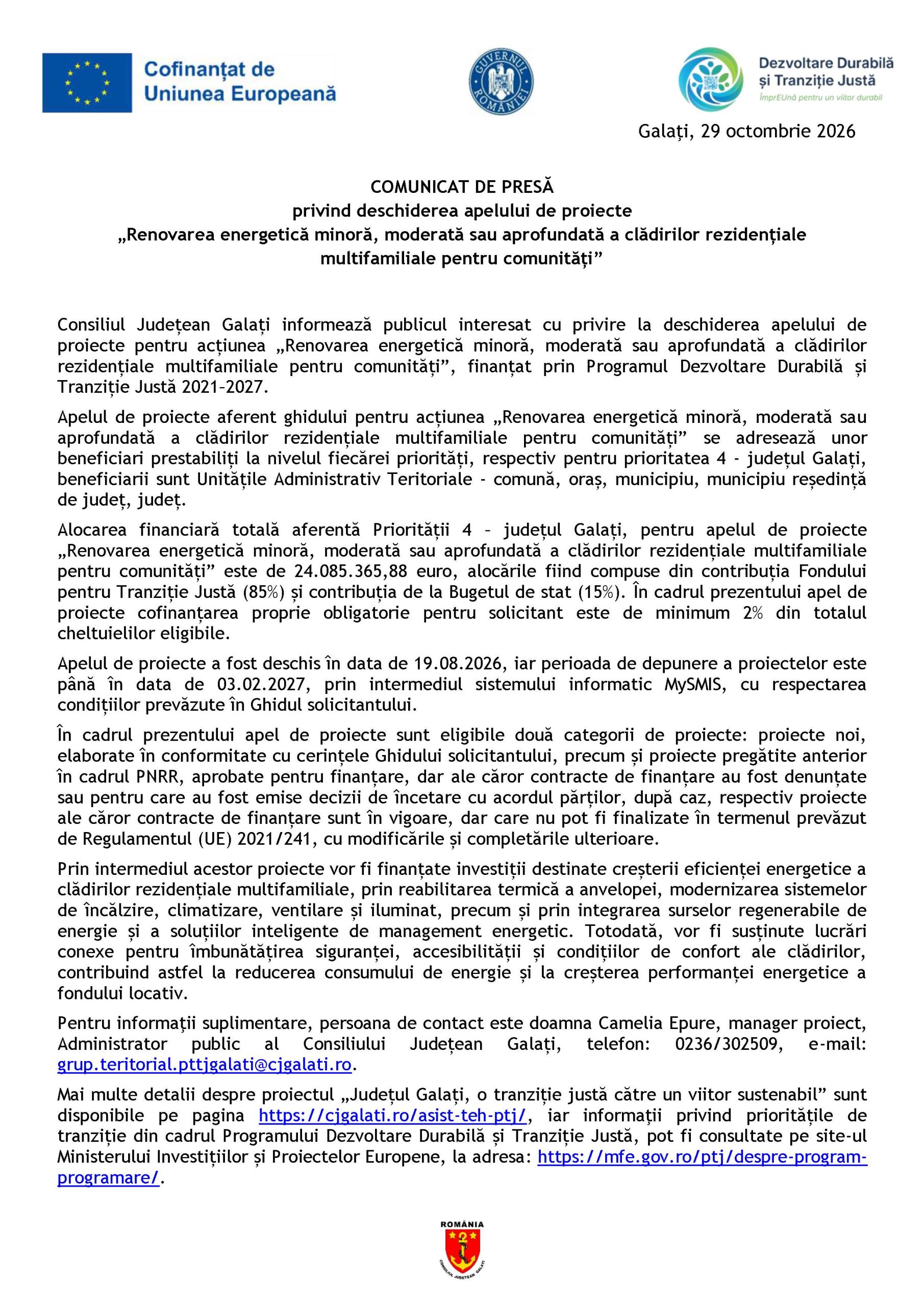 COMUNICAT DE PRESĂ privind deschiderea apelului de proiecte „Renovarea energetică minoră, moderată sau aprofundată a clădirilor rezidenţiale multifamiliale pentru comunităţi” - Galaţi, 29 octombrie 2026