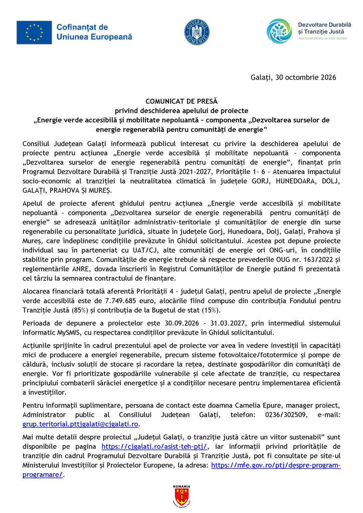 COMUNICAT DE PRESĂ privind deschiderea apelului de proiecte „Energie verde accesibilă şi mobilitate nepoluantă – componenta „Dezvoltarea surselor de energie regenerabilă pentru comunităţi de energie” – Galaţi, 30 octombrie 2026