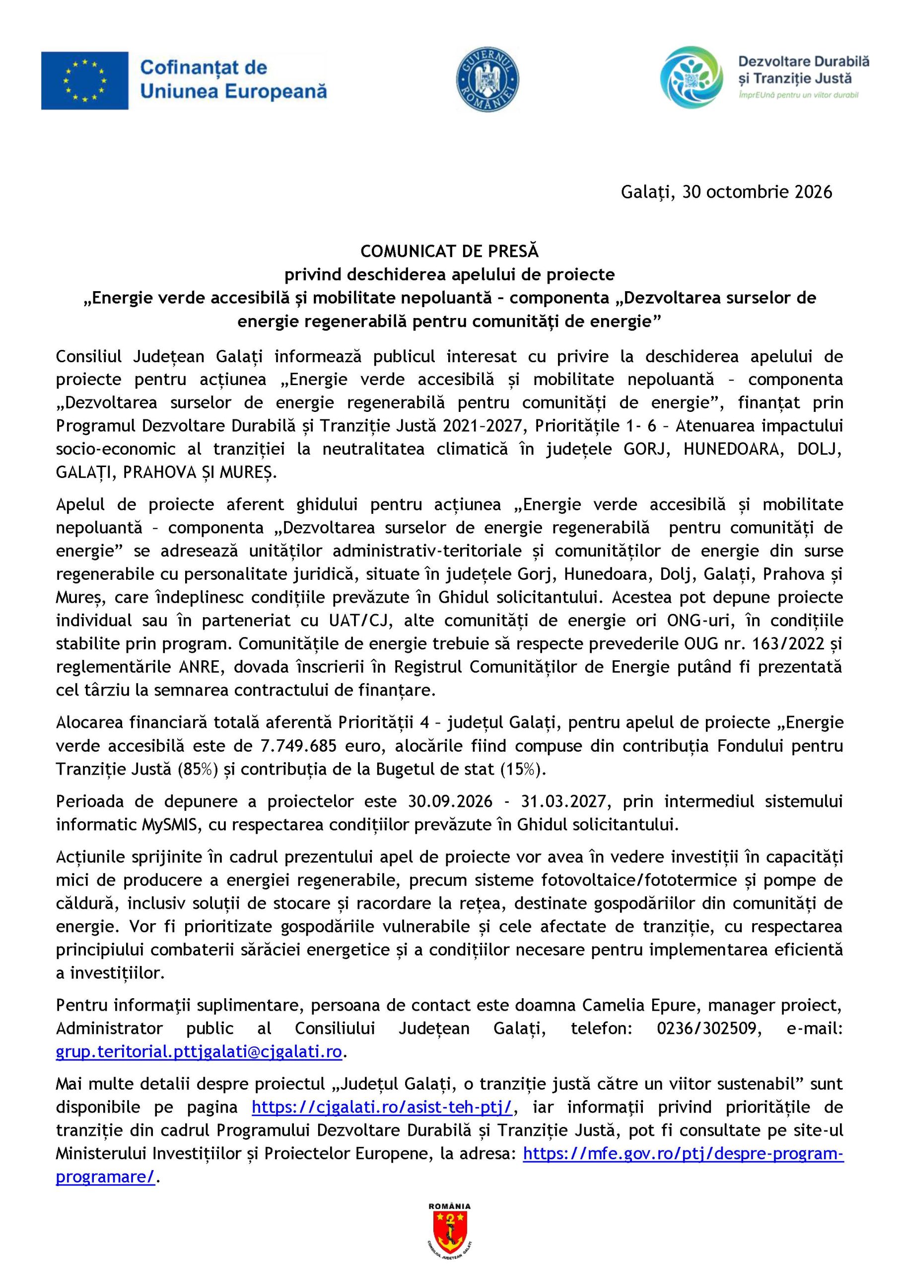 COMUNICAT DE PRESĂ privind deschiderea apelului de proiecte „Energie verde accesibilă şi mobilitate nepoluantă – componenta „Dezvoltarea surselor de energie regenerabilă pentru comunităţi de energie” – Galaţi, 30 octombrie 2026