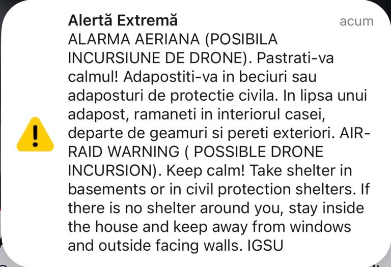Al treilea RO-Alert în Tulcea, după ce o dronă a intrat în spaţiul aerian al României