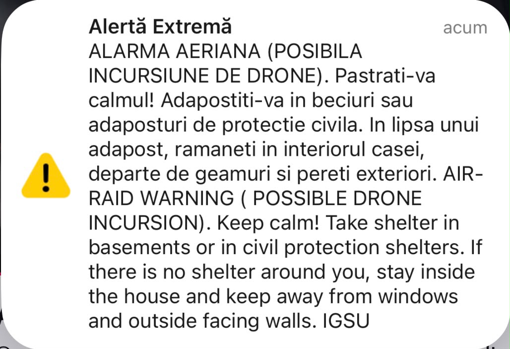 Al treilea RO-Alert în Tulcea, după ce o dronă a intrat în spaţiul aerian al României