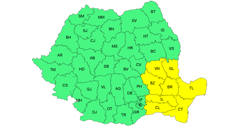 COD GALBEN de vânt puternic în Galați și județele vecine. Rafalele vor atinge 70 km/h, iar vremea devine deosebit de rece