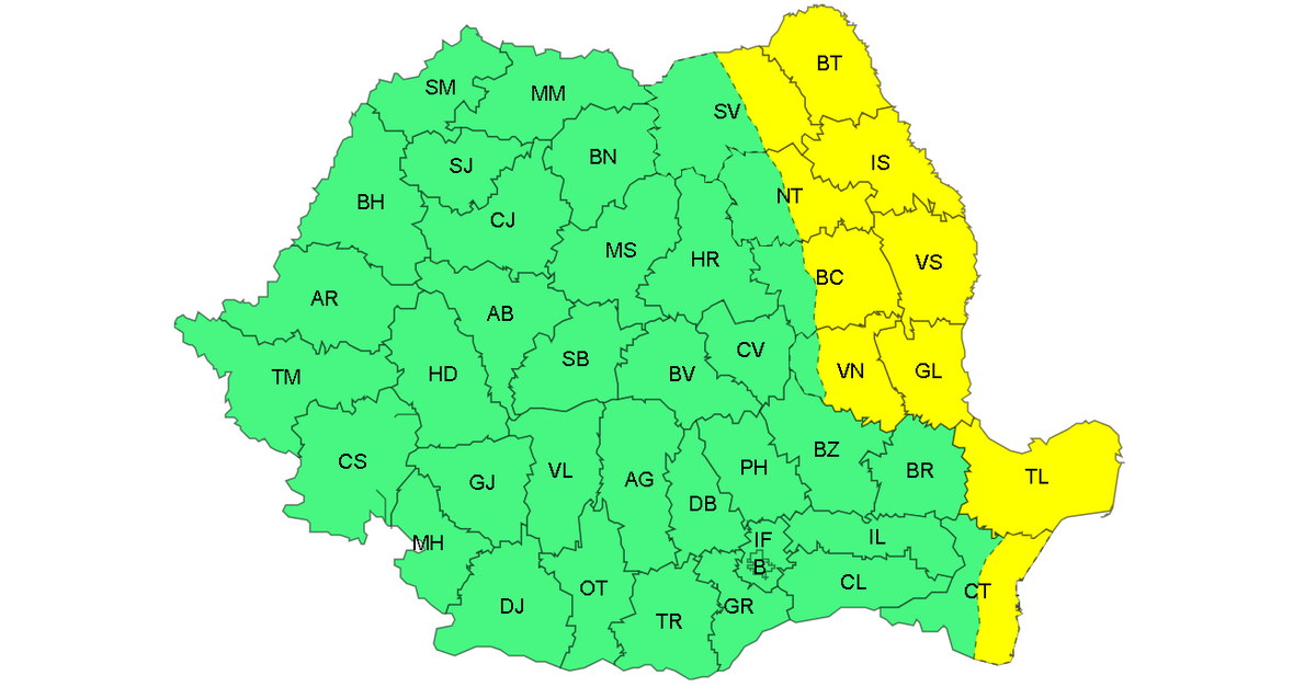 Alertă ANM: Cod galben de vânt puternic și ploi în județul Galați. Rafalele vor atinge 70 km/h